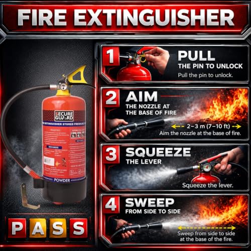 Image of Secure Guard ABC Powder Type 4 Kg Fire Extinguisher Red Fire Extinguisher ISI Mark with Wall Mount Hook and How to use Instruction Manual for Home, Kitchen, Office, School and Industrial Use