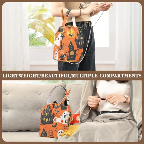 Image of Tatenale Crochet Bag Yarn Bag Knitting Project Bag with Pockets and Handle Portable Yarn Storage Organizer Tangle Free 8.3x11 InchFunny Orange Halloween Bat Castle Ghost Pumpkins17