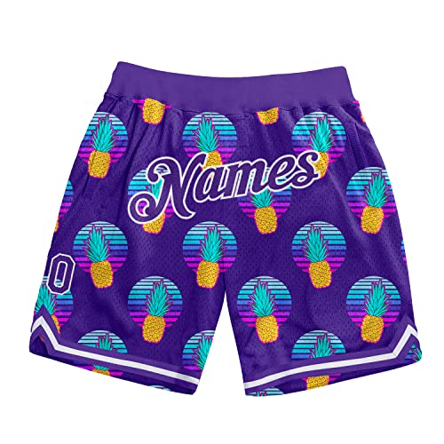 Custom 90S Vintage Rib-Knit Basketball Shorts, Fashion Pineapple Quick Dry Hawaii Holiday Casual Beach Shorts, Surfing Swim Short With Pockets, Custom Purple And Pineapple, 8 Years #TOP4