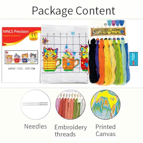 Image of Zhenqing Teacup Cats Stamped Cross Stitch Kit - 11CT 17x37cm 4 Cats in Cups Design, Pre-Printed Colorful Pattern for Beginners (66963)