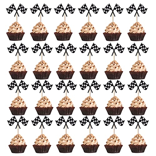 Sleyberoy 24 Pack Mini Checkered Flag Cupcake Toppers - Racing Finish Line Cupcake Toppers - Dinner Party Picks Set Decorations