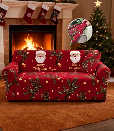 Hearda Christmas Sofa Cover 3 Seater, Stretch Father Christmas Printed Soft Elastic Non Slip Sofa Slipcover Protector Washable Universal Couch Soft Cover for Living Home Holiday Decor