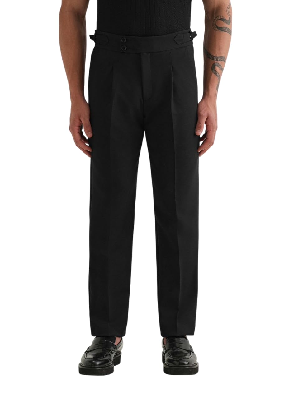 myamic Men's Double Pleated Trousers, Side Buckle Waistband, Formal Straight Fit Pants-picture-22