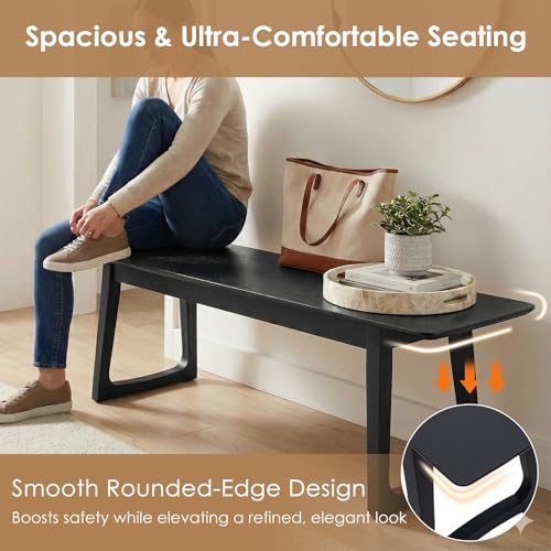 Image of HNY Black Dining Bench, Farmhouse Solid Entryway Bench, 55 Inch Long Wooden Bench, Kitchen Dining Seat for Entryway /Dining Room /Kitchen /Living Room