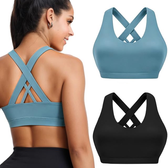 Image of Buauty 2 Packs Sports Bras for Women High Support, Push Up Sports Bra, Criss-Cross Back High Impact Yoga Bras for Large Bust