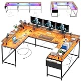 U Shaped Desk with Power Outlets, USB Ports & RGB LED Lights, 79 Inch Large Corner Computer Desk with Monitor Stand, Reversible Gaming Desk for Home Office, Ergonomic Workstation (Rustic Brown)