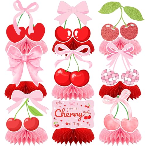 9 PCS Cherry Honeycomb Centerpieces Cherry Birthday Party Decorations Cherry She's The Cherry On Top Table Centerpieces Decorations Summer Fruit Cherry Party Supplies for Bridal Shower Baby Shower