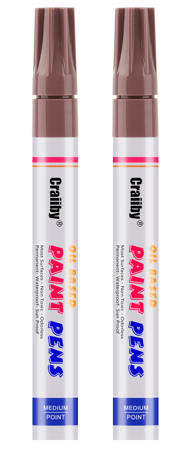 Brown Paint Markers, 2 Pack Oil-Based Waterproof Quick Dry Permanent Paint Pen Set for Rocks Painting, Wood, Fabric, Plastic, Canvas, Glass, Mugs, Metal, Tire, Stone, DIY Craft