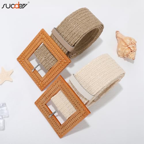 Image of SUOSDEY 2 Pack Straw Woven Elastic Belt Braided Stretch Wide Belt for Women Dress, C-khaki+beige, Fit Waist up to 35''