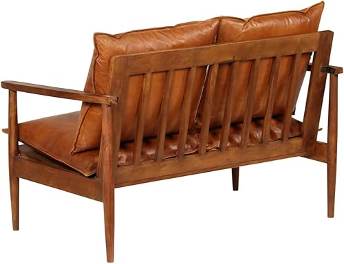 Miniatura 6 de Sofá de cuero real de 2 plazas para sala de estar con marco de madera de acacia, sofá vintage hecho a mano marrón para espacios pequeños, cómodos