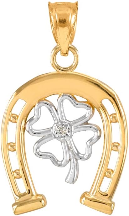 10k Two-Tone Gold Lucky Horseshoe with Irish 4-Leaf Clover 0.007 Carats Diamond Pendant