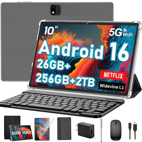 2026 10 Inch Tablet, Android 16 Tablet with Keyboard, 26GB+256GB+2TB Expand