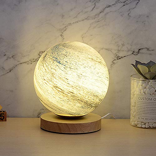 MUCHER Glass Planet Moon Lamp Bamboo Base Bedside Table Lamp with USB Powered Night Light Ideal for Decoration Anywhere (Warm White)