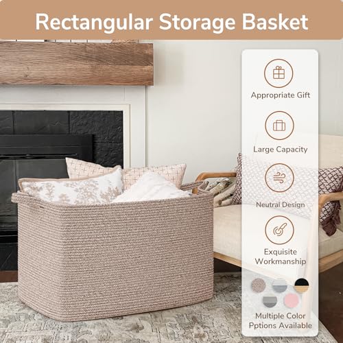 Image of Goodpick 105L Extra Large Woven Rope Blanket Basket, Rectangle, Brown | 25'' x 16'' x 16'' Storage Basket for Blankets, Clothes & Pillows, Living Room & Bedroom Organization, Reinforced Handles