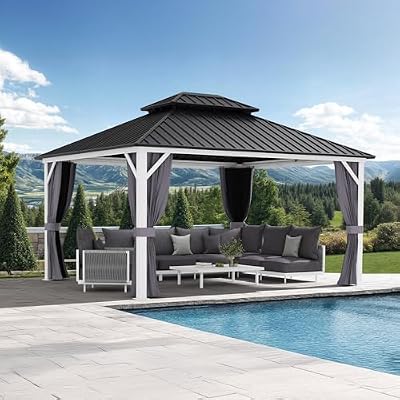 PURPLE LEAF 12' X 14' Hardtop Gazebo Outdoor Metal Double Roof Grill Gazebo White Aluminum Frame Pavilion with Curtain and Netting for Patio, Garden and Backyard, Grey