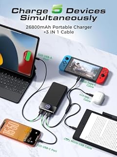 Power Bank Fast Charging 26800mAh,Portable Charger 22.5W Phone Battery Pack Attached USB-C/iOS/Micro-USB Cable, Powerbank for iPhone 17 16 15 14 13 Samsung, for Travel Camping Essentials