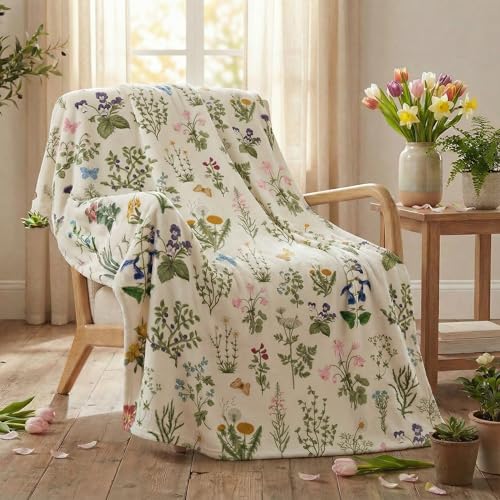 Horaldaily Spring Summer Flannel Blanket Throw, Green Plants Wild Flowers Soft Fuzzy Plush Cozy Fleece Blankets for Couch Sofa Bed Lounging, Ideal Gifts for Kids Adults Self, 50x60
