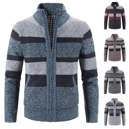 Cambkatl Men's Stand Collar Zipper Up Cardigan Sweaters, Warm Fleece Lined Color Block Casual Long Sleeve Knitted Outerwear2