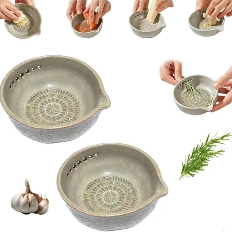Handmade Garlic Grater X Herb Bowl, 2-in-1 Multi-functional Kitchen Tool, 5 Hole Sizes,with Drainage Port,Built-In Grater for Fresh Garlic Ginger Herbs Lemon Zest Cheese (2)