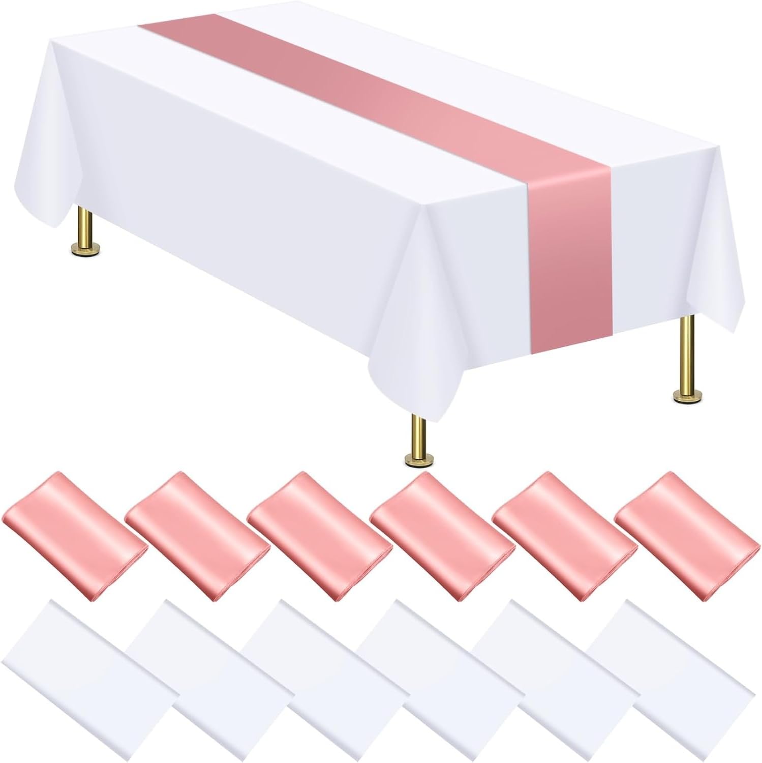 Eogrfw White, Rose Gold 12 Pcs Disposable Plastic Tablecloths And Satin Table Runner Set,54 X 108 Inch White Tablecloths,12 X 108 Inch Rose Gold Runners,Rectangle Table Cover For Wedding Birthday Graduation