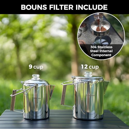 Image of KingCamp Percolator Coffee Pot,304 Stainless Steel,Large Capacity,12 Cup | No Aluminum or Plastic,Wood Handle,Campfire Coffee Boiler Kettle for Outdoor Camping Cookware,Cabin,Backpacking