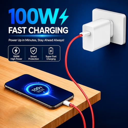 Image of 100W USB-A to Type-C Fast Charger & Cable Compatible with Oneplus /Oppo /Xiaomi /Realme /Samsung /Nothing /Poco /Motorola & Other Type C Devices