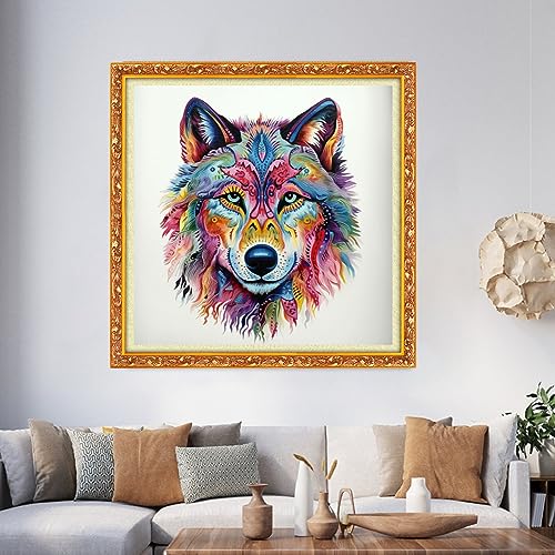 Image of Foxhool Beginners Cross Stitch Kits Stamped Full Range of Embroidery Kits for Adults DIY Cross Stitches kit Embroidery Patterns for Needlepoint kit-Colorful Wolf 17.7x17.7 inch