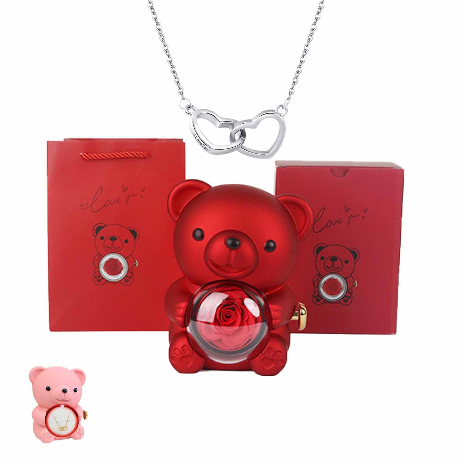 Regalo de oso de abrazo de rosas preservadas para mujeres con collar de corazón, rosas eternas, regalos para esposa, mamá, abuela, novia, Navidad, día de San Valentín, cumpleaños (rojo, plata S925)