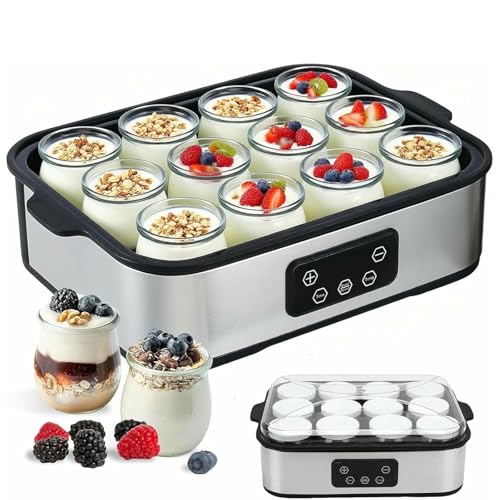 Máquina de yogurt con pantalla LED, 12 tarros, máquina eléctrica automática de yogur de 2160 ml, control de tiempo y temperatura ajustable para postres caseros orgánicos
