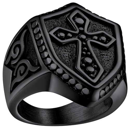 FaithHeart Mens Stainless Steel Crusader Jerusalem Cross Ring with 18K Gold Plated Two Tone Ring Size 7,8,9,10,11,12 01. Cross-Black 7