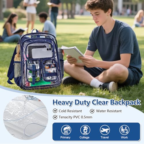 Image of Three-layer Clear Backpack, Heavy Duty Clear Bookbag for Kids, See Through Backpack Transparent Bag for Girls Boys (Navy)