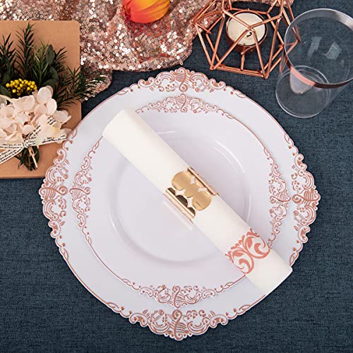 Morejoy 175Pcs Rose Gold Plastic Plates & Plastic Silverware Inculdes: 25 Dinner Plates,25 Dessert Plates, 25 Forks,25 Knives, 25 Spoons, 25 Cups,25 Napkins Perfect For Wedding & Mother's Day #TOP2