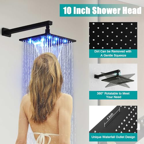 Sistema de Ducha SKOWLL Waterfall con Montaje en Pared, Ducha de Lluvia LED de 10 Pulgadas, Cabezal de Ducha Tipo Lluvia con Handheld, Válvula de Latón de 2 Funciones, Negro Mate miniatura 5