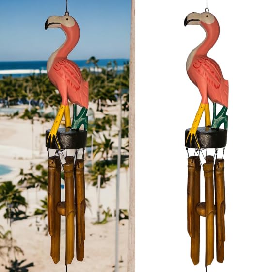 Pink Flamingo Windchime – Large Unique Rustic Tropical Outdoors - Bamboo & Wood Hanging Garden Décor – Relaxing Calming Deep Tones