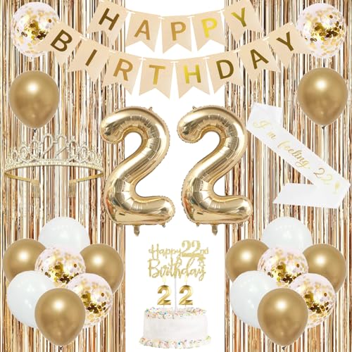 Image of Trgowaul 22nd Birthday Decorations for Her, Champagne Gold Happy 22nd Birthday Supplies for Girls, 22 Sash and Crown, Banner, Fringe Curtains, Cake Topper, 22 Year Old Party Supplies Set