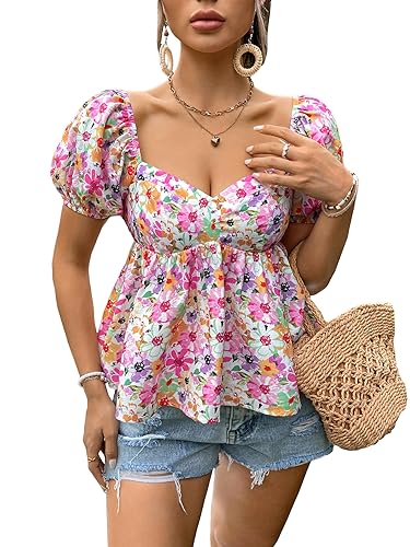 Floerns Women's Allover Floral Print Sweetheart Neck Puff Sleeve Peplum Blouse Top