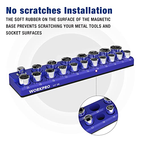 Image of WORKPRO Magnetic Socket Organizer, 1 /2-Inch Metric Socket Holder | Hold 19-Piece Sockets, Suitable for Standard and Deep Socket, Magnetic Base, No Scratches Installation, Sockets not Included