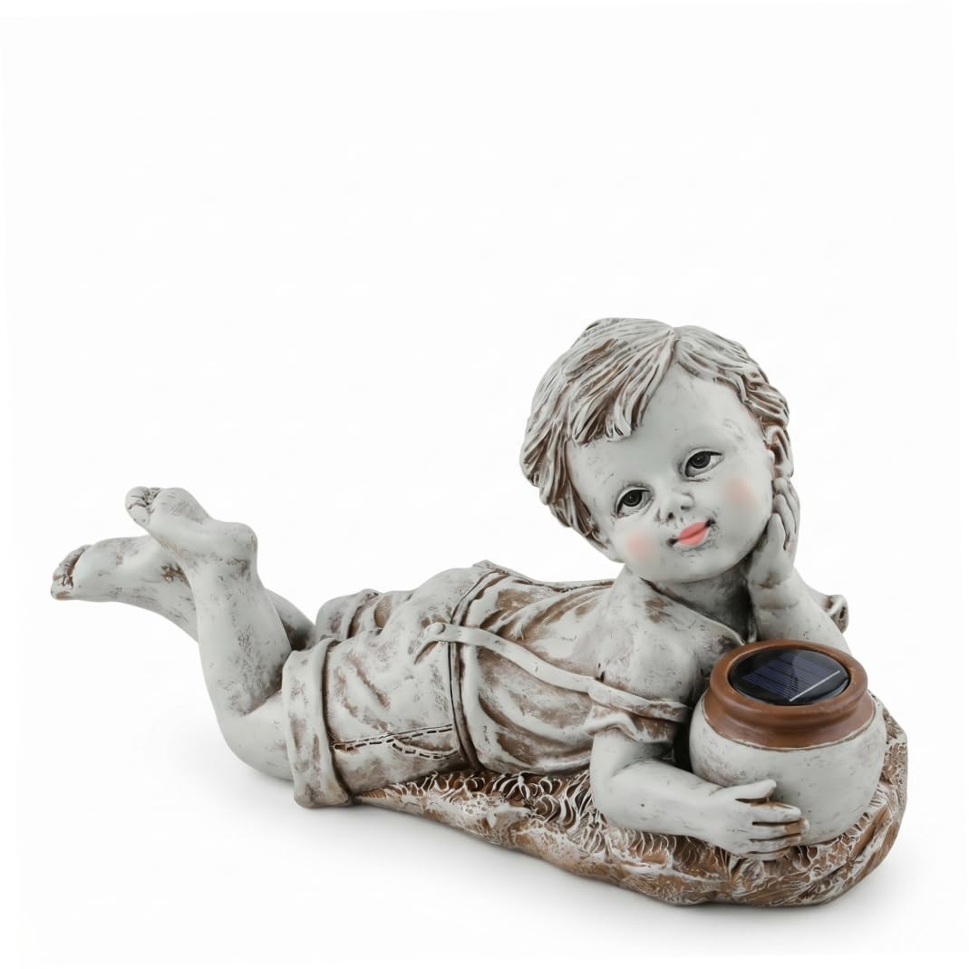 Bemonew Solar Statues for Yard and Garden, Waterproof Resin Boy Garden Statue Outdoor Solar-Powered Kids Figurine, Boy