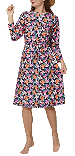 alvon Women Modest Swim Dress Knee Length Swimsuits Cover Ups UPF 50+ Sun Protection Long Sleeve Drawstring Floral XXL