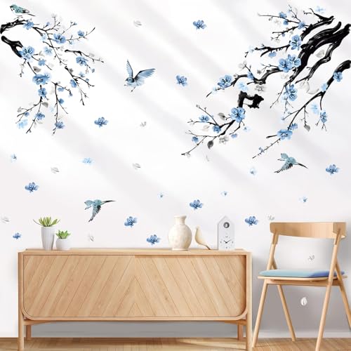milaosk Stickers Muraux Branches de Fleurs Bleues Autocollant Mural Art Auto-adhésif Papier Peint Nature Arbre Oiseaux Décoration Murale Chambre Salon Mur