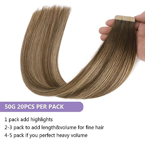 Sindra Tape in Hair Extensions 50g 14 Inch 20pcs Balayage Chocolate Brown to Caramel Blonde Tape in Silky Straight Remy Human Hair Extension#4/27/4 14" - Image 3