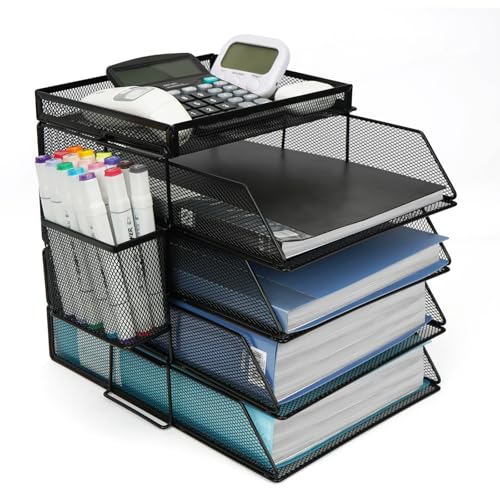 YGORTECH 書類トレー 5段 a4 レターケース 縦置きレタートレー 卓上 書類整理ラック 積み重ね可能 書類収納ケース ペン立て付き メッシュ金属製 書類棚 小物入れ 新聞/雑誌/ファイル/文房具収納 ブラック