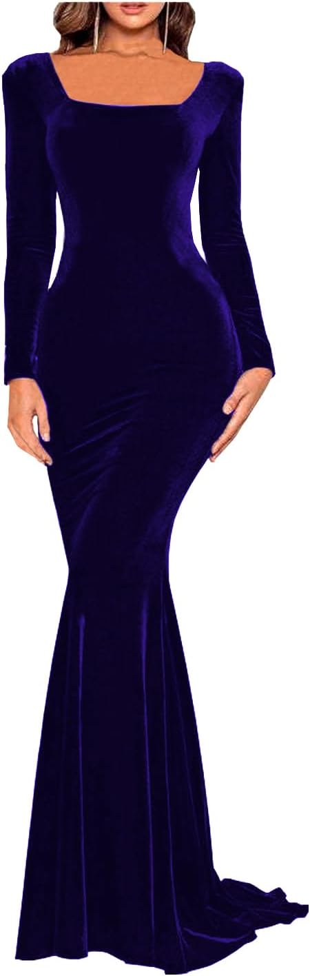 Mermaid Prom Dresses for Women Square Neck Velvet Formal Dress with Sleeves Long Evening Party Gowns
