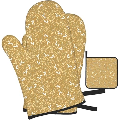 Juegos De Guantes De Horno Hojas Doradas, Ramas, Puntos, Hojas, Patrón De Hojas Guantes De Horno Reutilizables Guantes De Barbacoa Forro De Algodón Agarraderas De Cocina, para Cocinar, Hornear