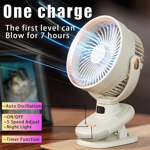 Image of Portable Clip On Fan For Bedroom, 120 Auto Rotating Oscillating Table Fan, 5 Speed Mini Table Fan For Office, USB Rechargeable Small Desk Fan Quiet,3 Modes Timer, Outdoor Camping Fan