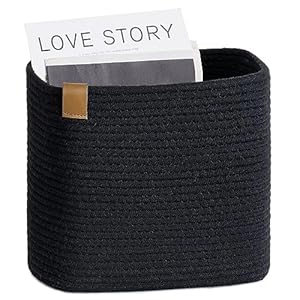 Goodpick Magazine File Holder Small Storage Baskets for Organizing Woven Rope Basket for Newspaper, Books, Towels, Desk Closet Organizer and Storage Bin for Office Decorative Black Basket for Shelves
