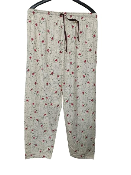 Women's Pyjama Pants with Heart Print, Drawstring Waist, Lounge Wear, Cream, 96.5 cm Length-image-28