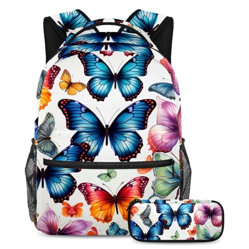 Sac à dos papillon (lot de 2) avec trousse assortie pour écoliers et adolescents multicolore
