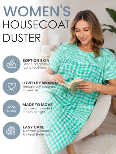 Image of Casual Nights Women's Snap - Front House Dress Short Sleeve Woven Housecoat Duster Lounger Robe with Pockets