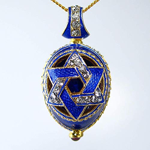 Star Of David Sterling Silver Blue Guilloché Enamel Pendant Genuine Garnet Crystals 24 Inch Chain #TOP4